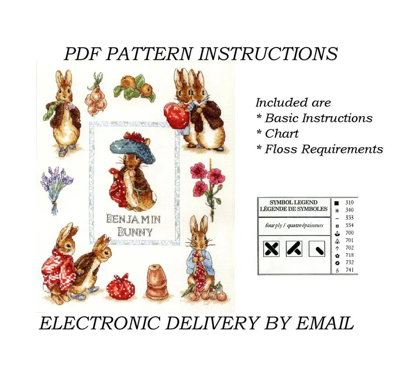 2003 Beatrix Potter Benjamin Bunny & Peter Rabbit Cross-Stitch Pdf Pattern – Anchor Jc213 Sampler 1