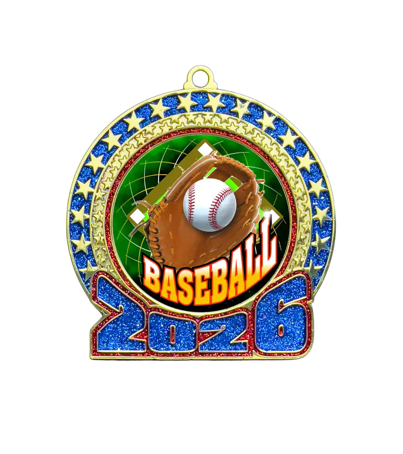 2026 Baseball-Themed Glitter Medal – Red & Blue 1