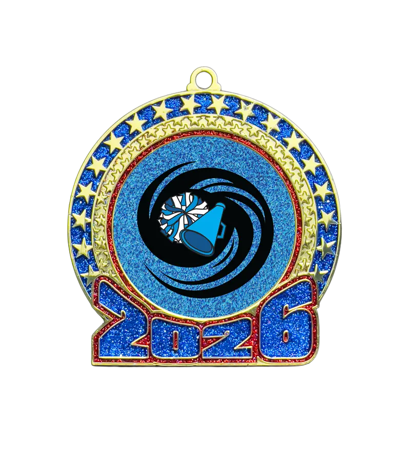 2026 Cheer-Themed Glitter Medal – Red & Blue 1