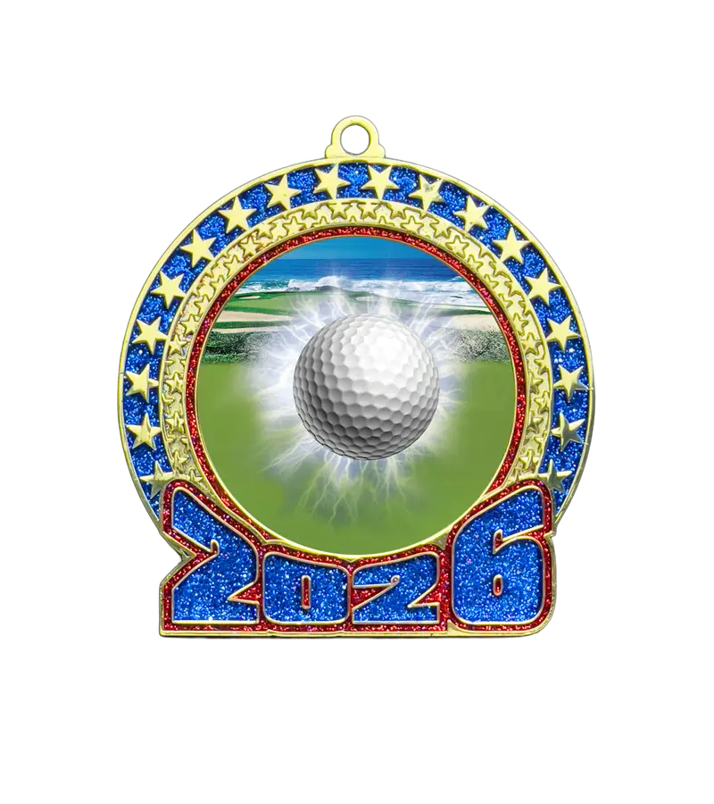 2026 Golf-Themed Glitter Medal – Red & Blue 1