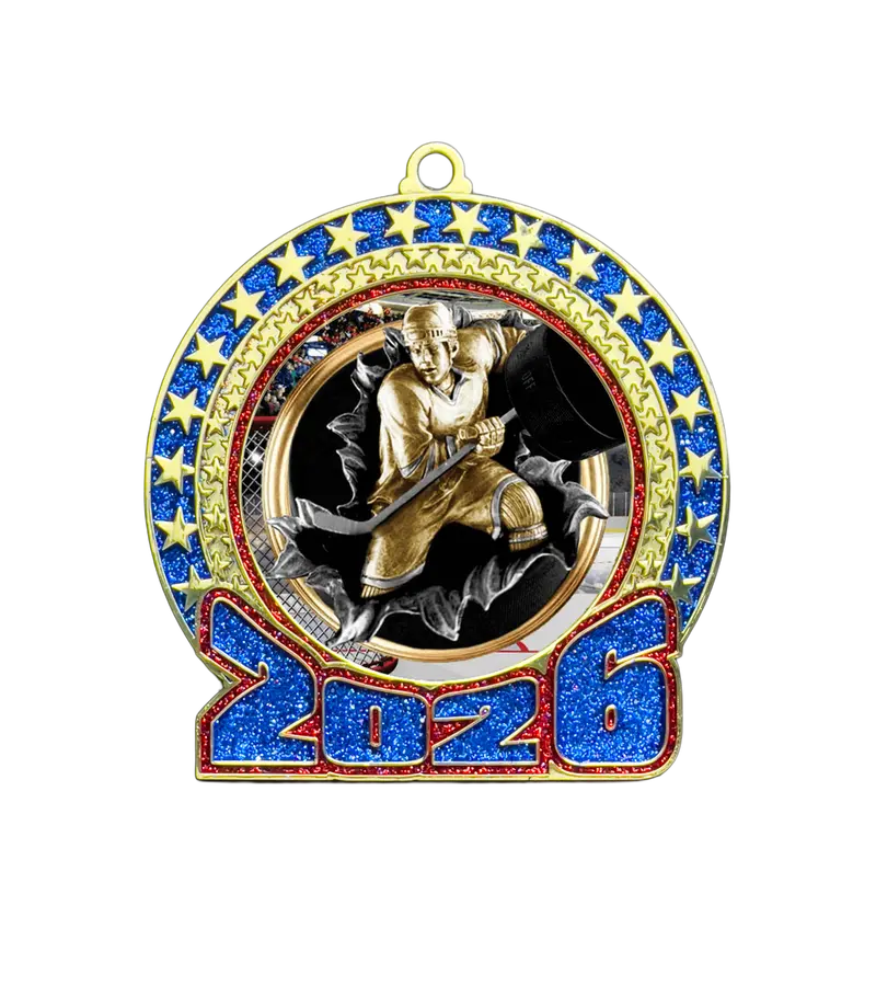 2026 Hockey-Themed Glitter Medal – Red & Blue 1