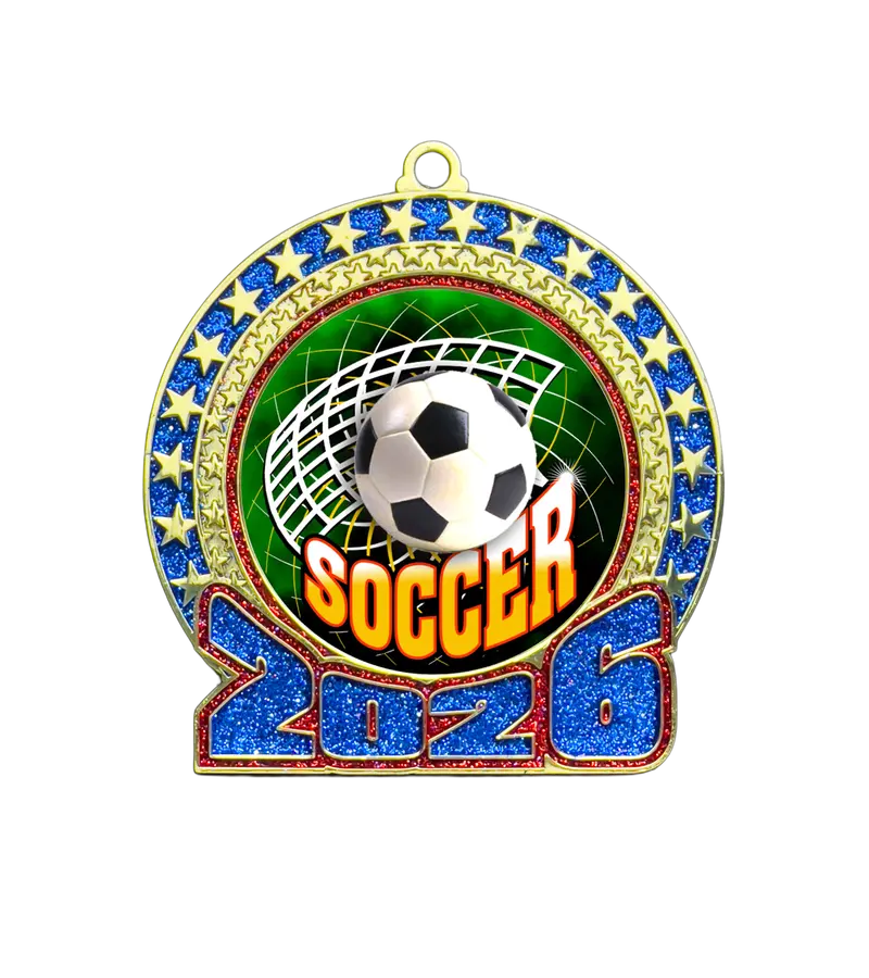 2026 Soccer-Themed Glitter Medal – Red & Blue 1