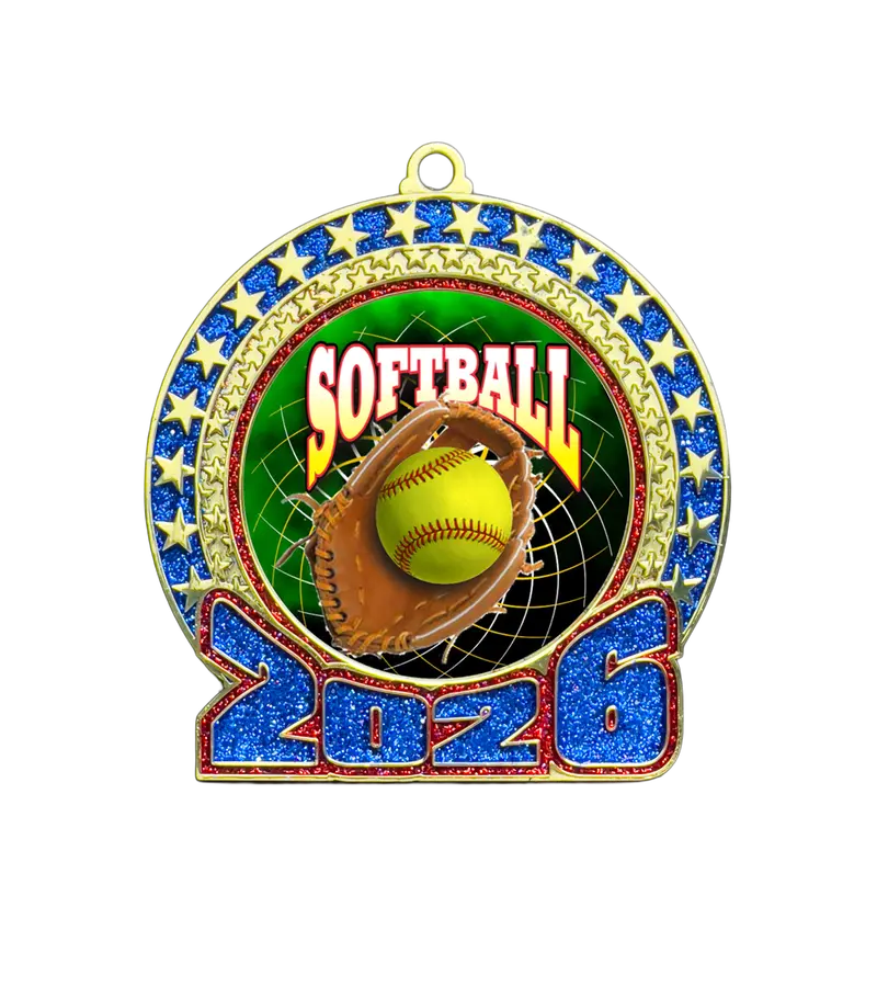 2026 Softball-Themed Glitter Medal – Red & Blue 1