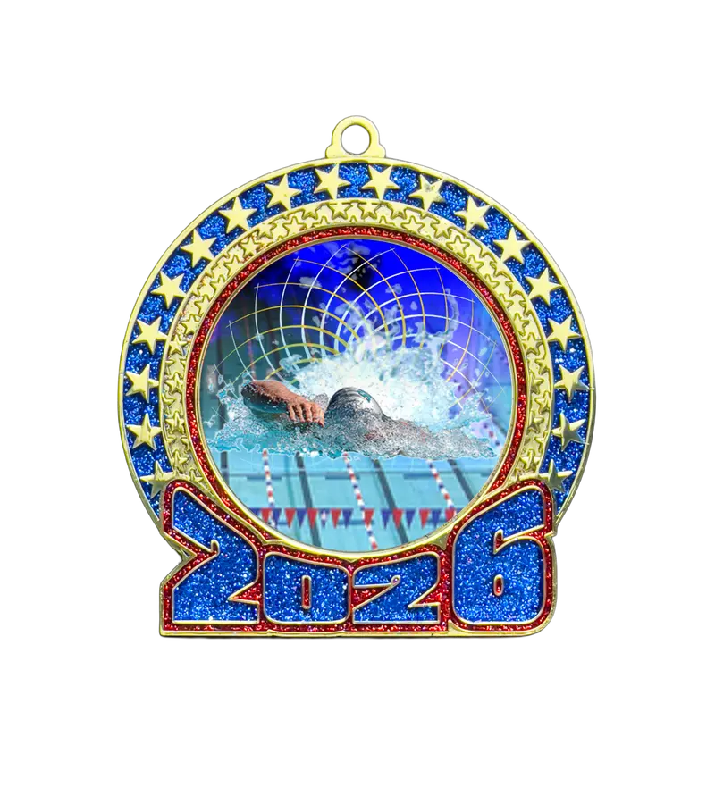 2026 Swimming-Themed Glitter Medal – Red & Blue 1