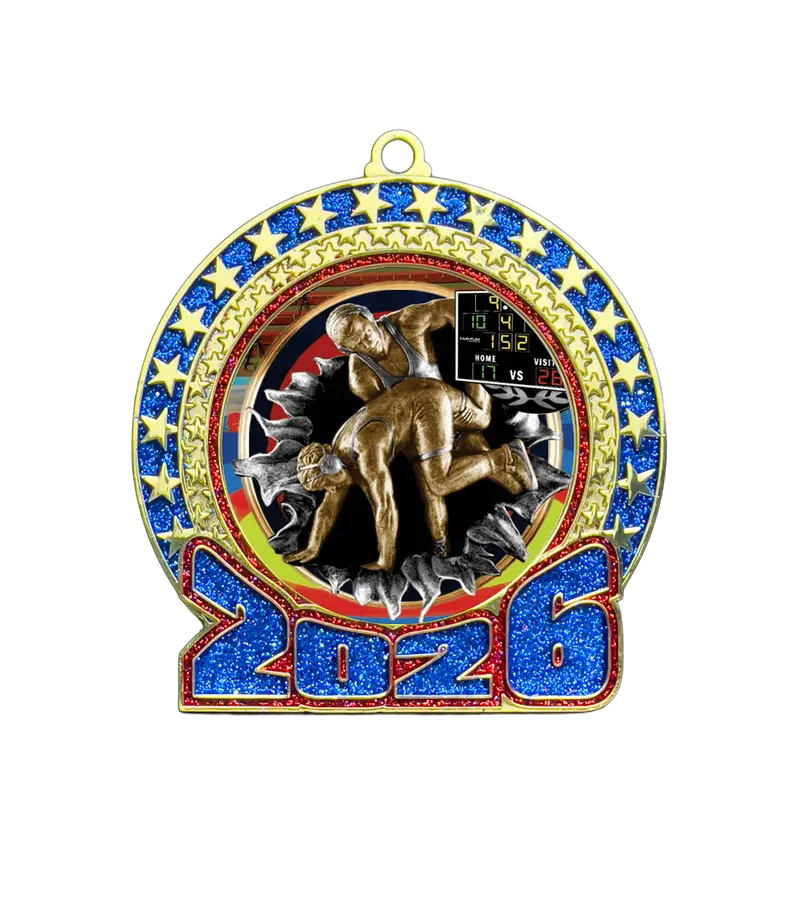 2026 Wrestling-Themed Glitter Medal – Red & Blue 1