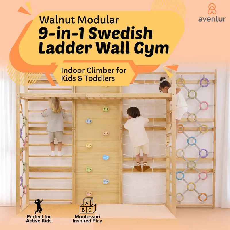 Avenlur Walnut Modular Jungle Gym – Adjustable Swedish Ladder, 79-Inch Wall-Mounted 1