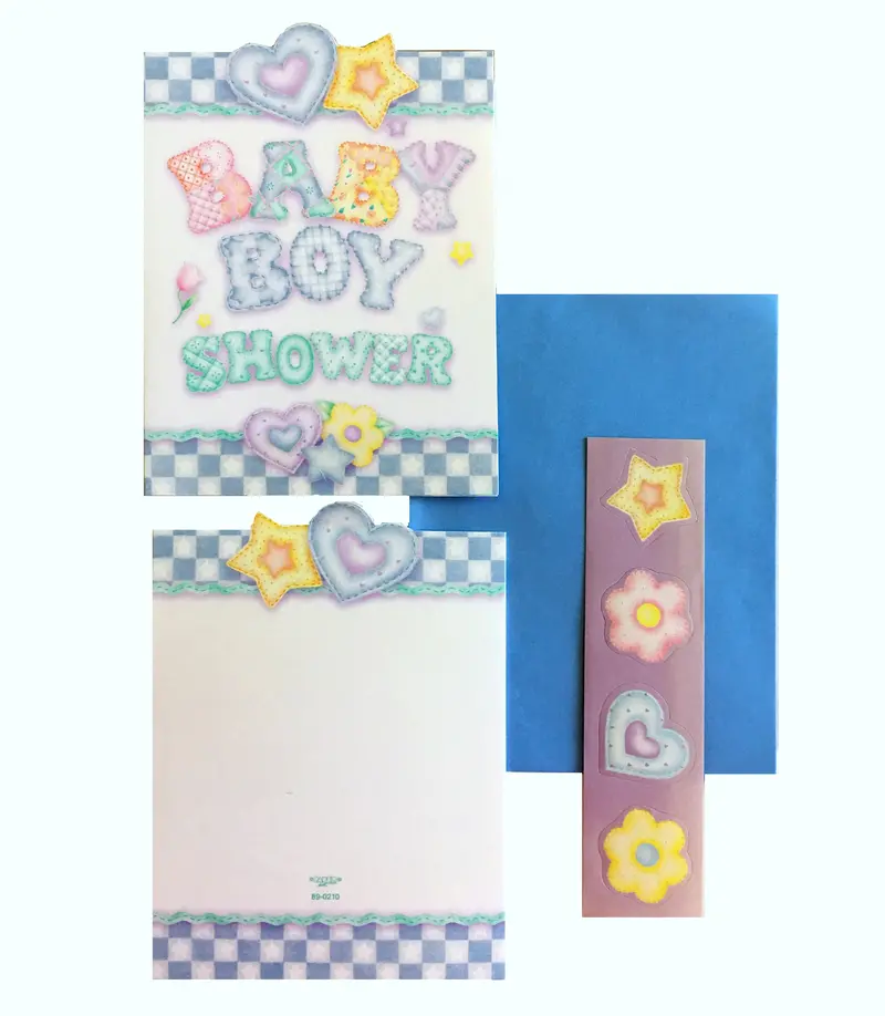 Baby'S Quilt Boy Shower Invitations – Set Of 8 Blue Checkered Cards With Hearts & Stars 1