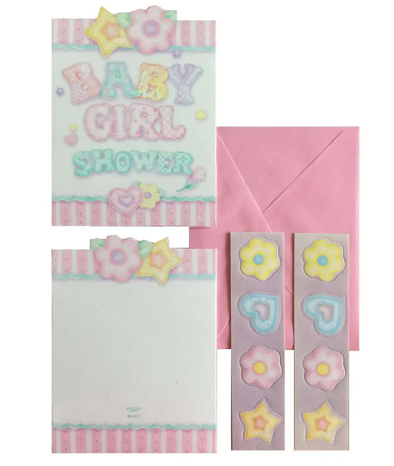 Baby'S Quilt Girl Shower Invitations – Set Of 8 Pink Striped Cards With Hearts & Flowers 1