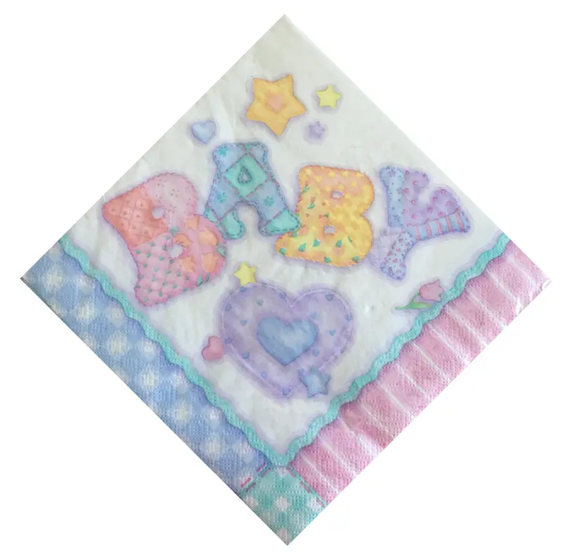 Baby'S Quilt Napkins – Pink, Blue & Green Luncheon Or Dessert Set With Hearts, Flowers, And Stars 1