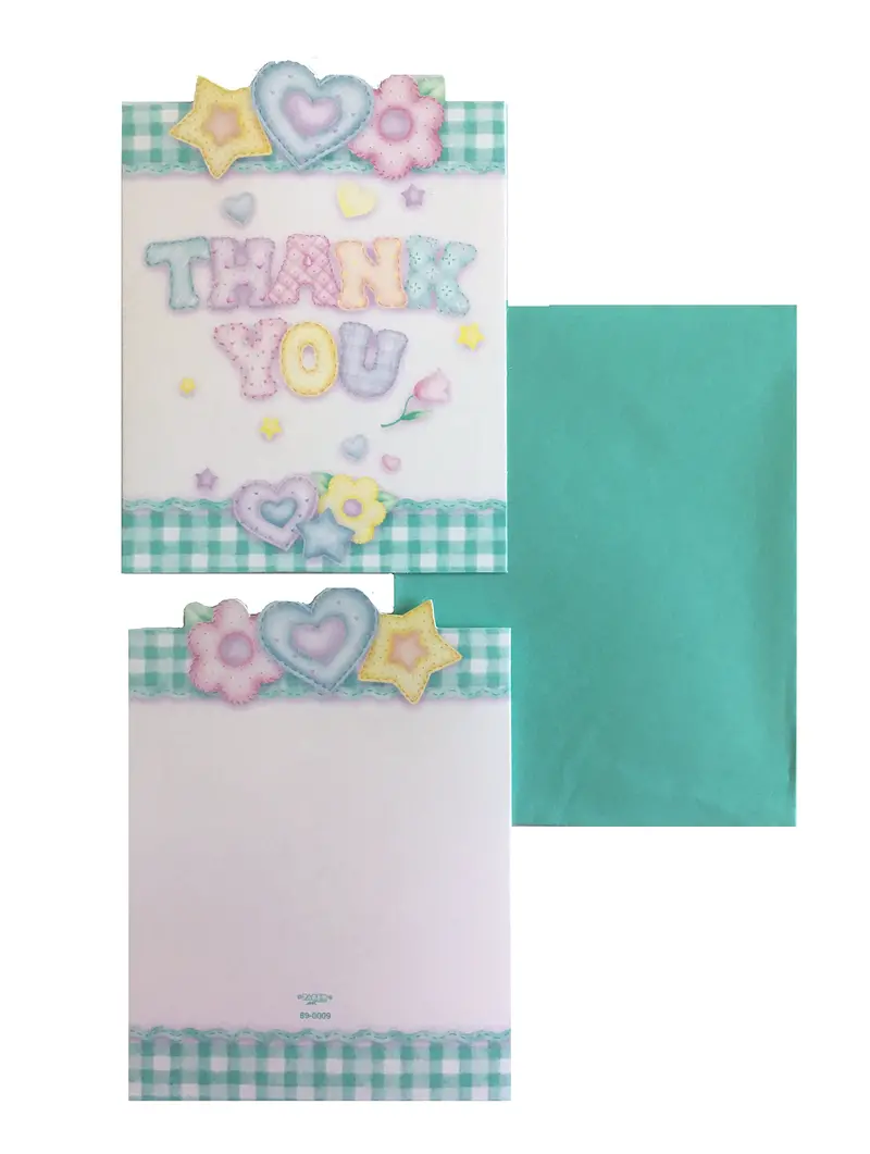 Baby'S Quilt Thank You Cards – Set Of 8 Green Gingham Design With Hearts, Flowers & Stars 1