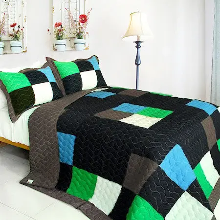 Black Blue Green Checkered Pixel Quilt Set – Twin Geometric Bedspread 1