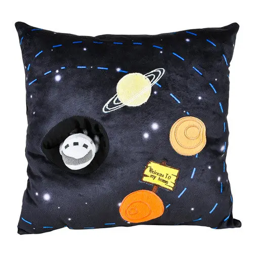 Black Galaxy-Themed Plush Pillow – 13" Solar System Decor With Attached Rocket Toy 1