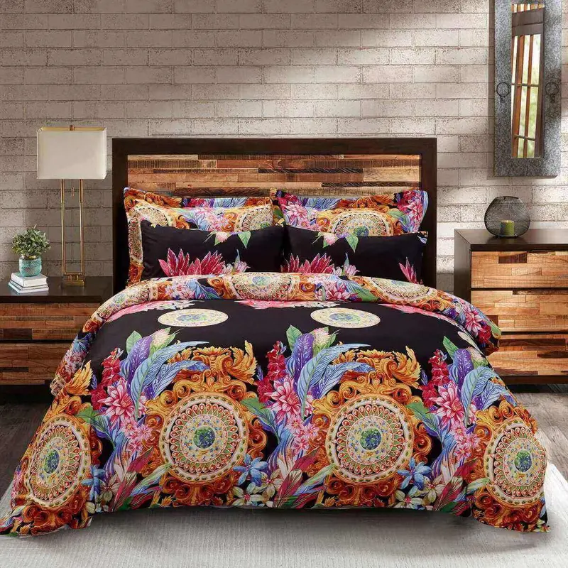Black Mandala Floral Duvet Cover Set – Boho-Chic Queen Or King Designer Bedding 1