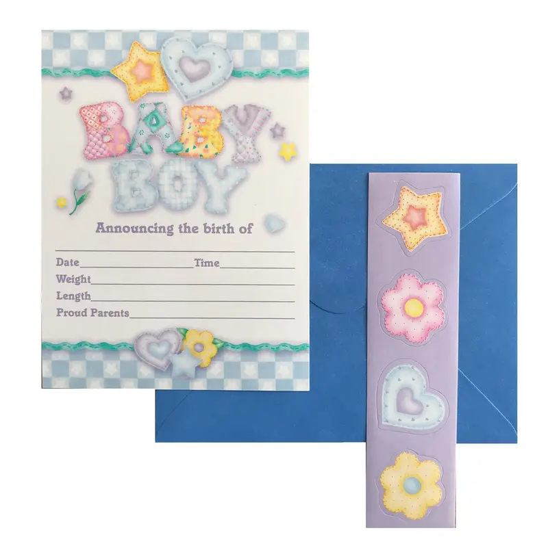 Blue Checkered Baby Boy Birth Announcement Cards With Hearts, Flowers & Stars (8-Pack) 1