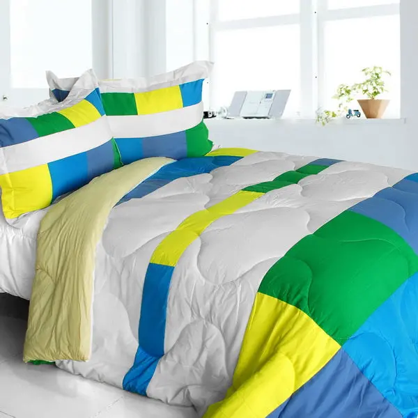 Blue Green Yellow White Striped Geometric Comforter Set For Teen Boys – Twin Full/Queen King 1