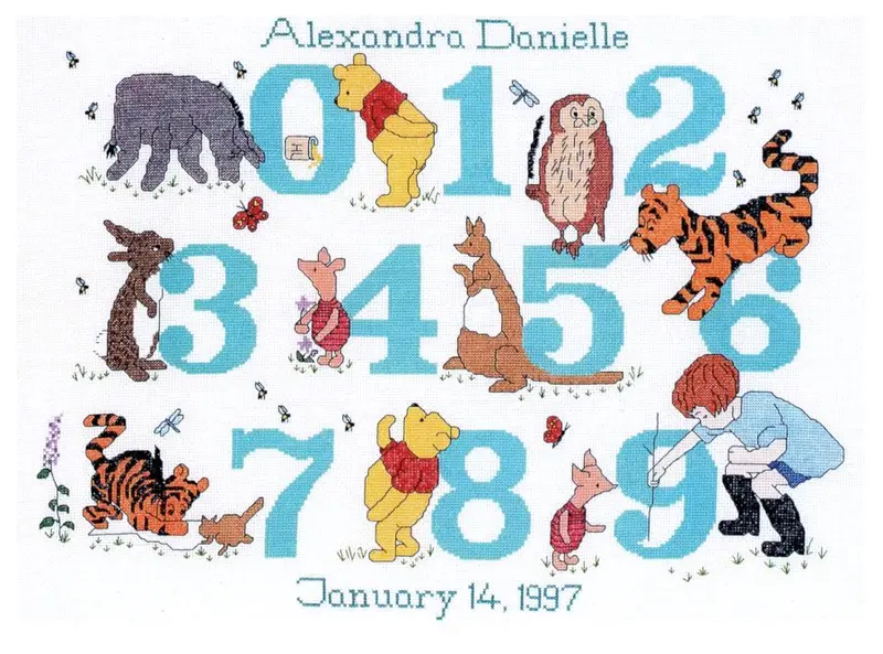 Classic Winnie-The-Pooh 123 Numbered Birth Announcement Cross Stitch Kit — Vintage Sampler Or Pdf Pattern 1