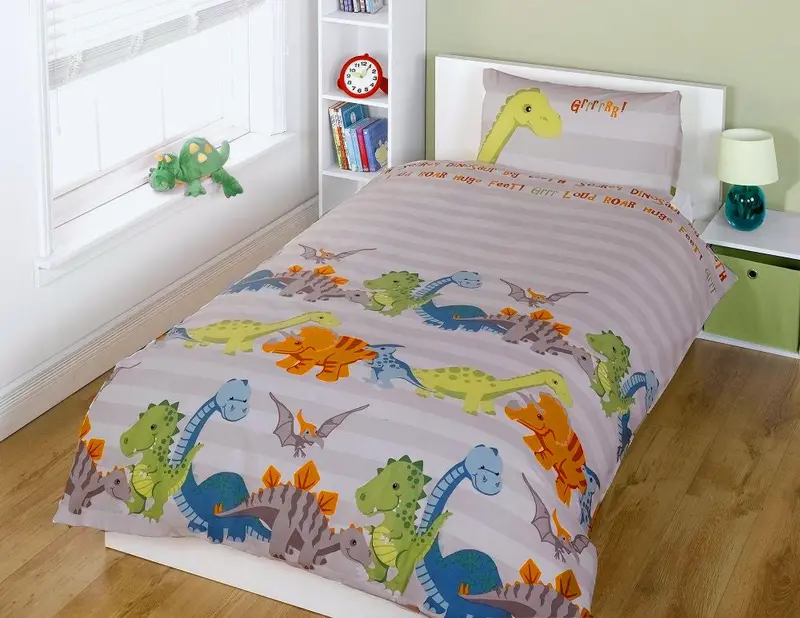 Dinosaur-Themed Grey And Natural Kids Bedding Set – Toddler Or Twin Duvet Cover 1