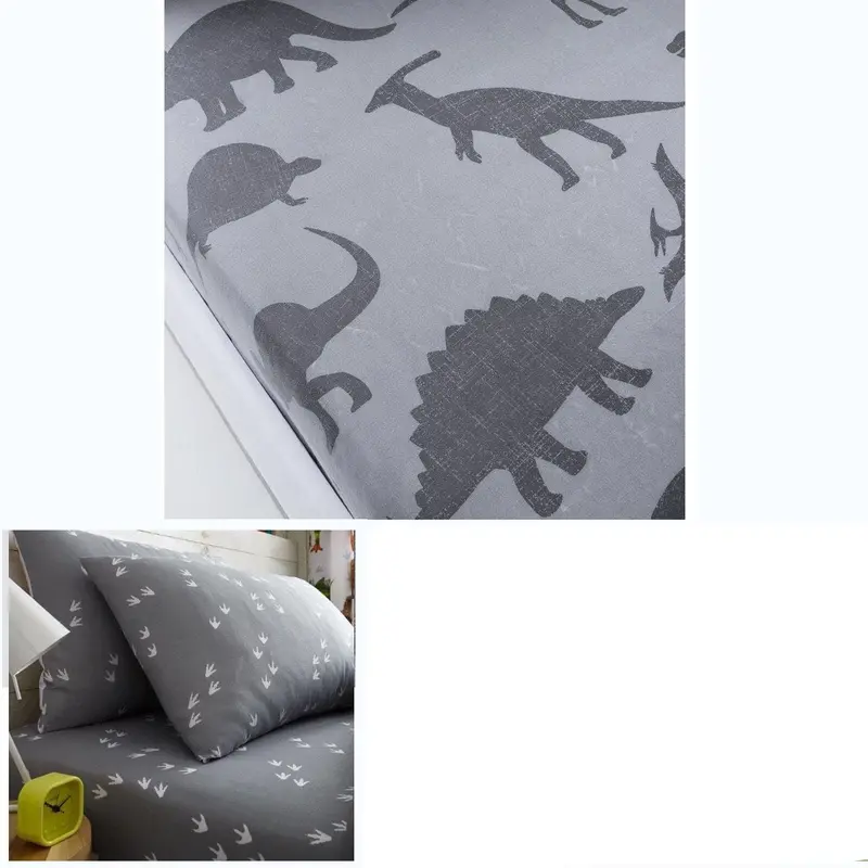Dinosaur-Themed Twin Fitted Sheet & Pillowcase Set – Prehistoric Footprint Print Kids Bedding 1