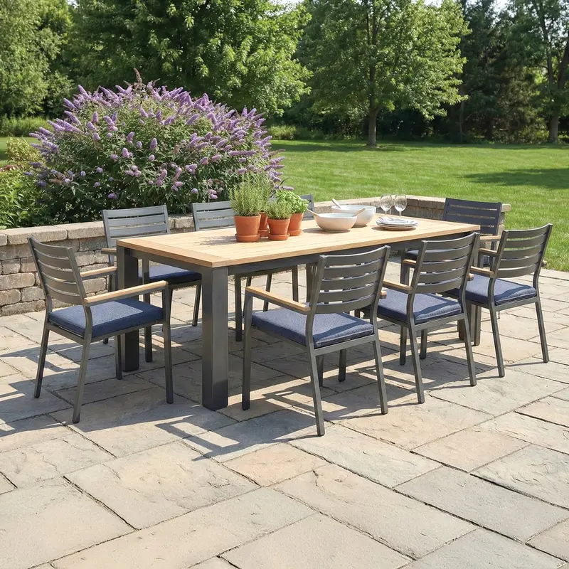 Elba 9-Piece Teak Outdoor Dining Set In Spectrum Indigo 1