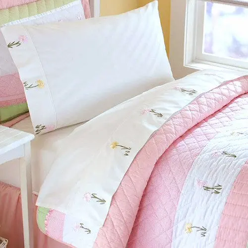 Floral Ribbon & Embroidered Cotton Sheet Set – Soft Twin Bed Linens For Girls 1