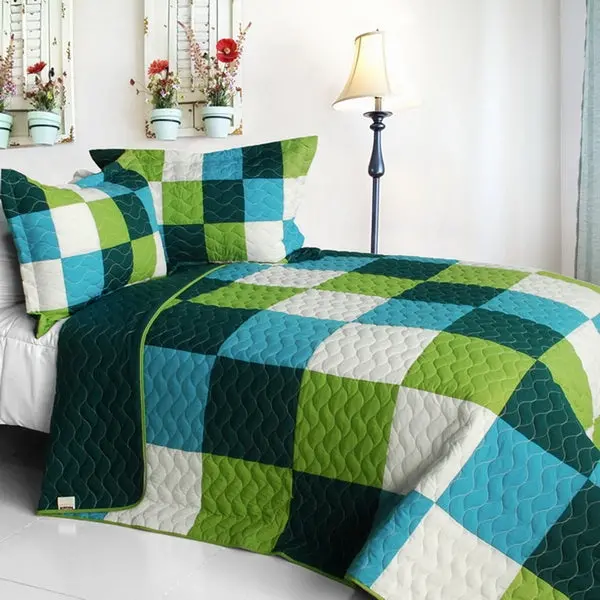 Green Blue White Geometric Patchwork Quilt Set For Teen Boys – Full/Queen Modern Bedspread 1