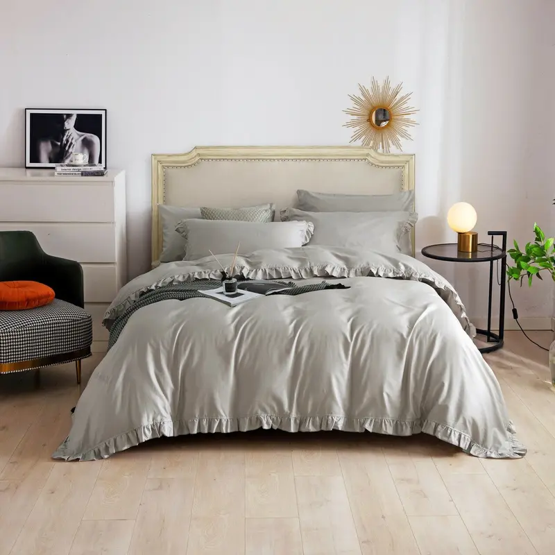 Grey Romantic Ruffle-Edge Cotton Duvet Cover Set – Twin, Queen, Or King Bedding Ensemble 1