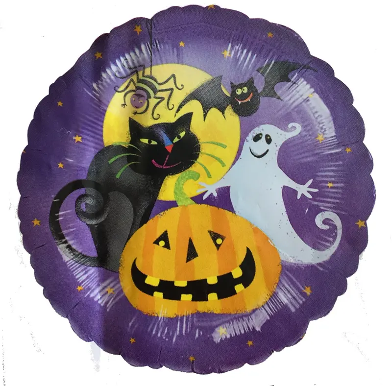 Halloween Party Balloon – 18" Purple Gruesome Group Design: Pumpkin, Cat, Ghost, Bat & Spider 1