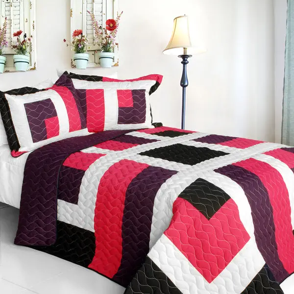 Hot Pink Black White Brown Geometric Patchwork Quilt Set For Teens – Full/Queen 1