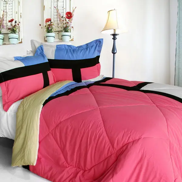 Hot Pink Blue Black Geometric Block Comforter Set For Teen Girls – Twin Full/Queen Modern Bedspread 1