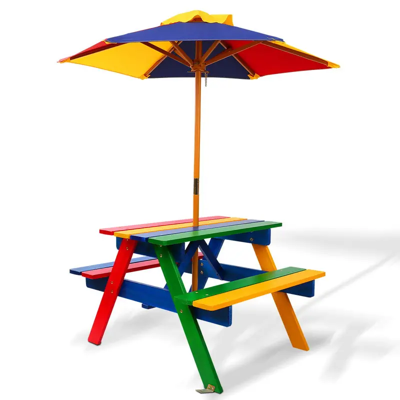Keezi Colourful Wooden Picnic Table Set For Kids – Outdoor Play Table With Umbrella 1