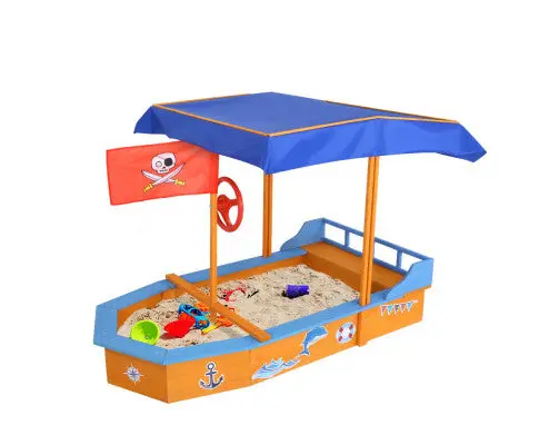 Keezi Wooden Boat-Style Sandpit With Canopy And Bench Seat – 150Cm 1