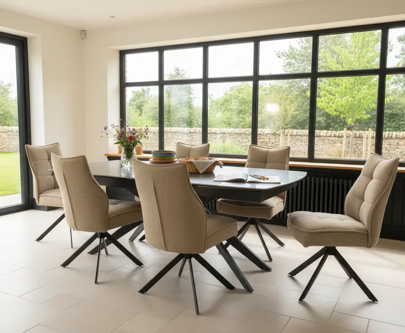 Lorenzo 6-Seat Dining Set – High-Gloss Ceramic Table & Pocket-Sprung Swivel Chairs 1