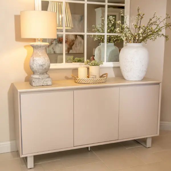 Oslo 3-Door Sideboard – Textured Beige Cabinet With Gloss Accents 1