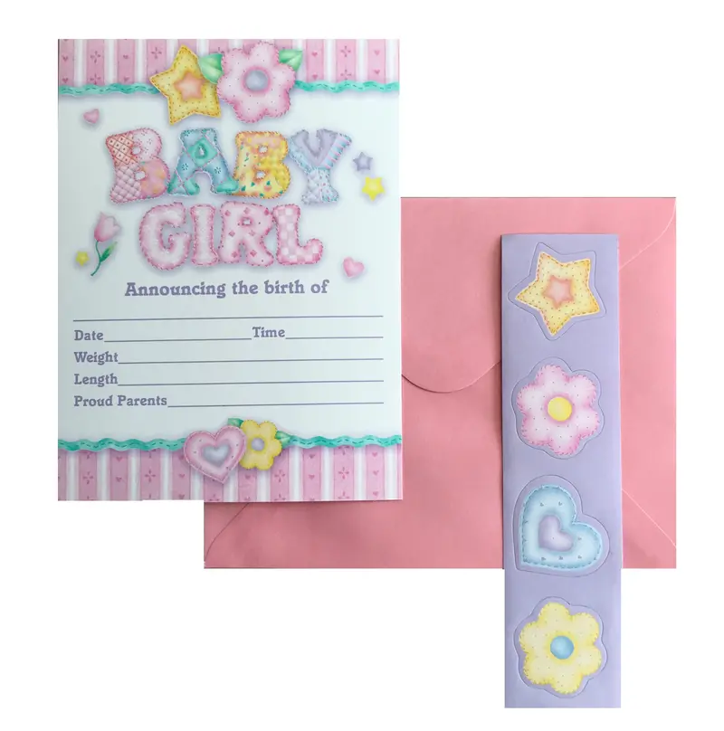 Pink Gingham Baby Girl Birth Announcement Cards With Hearts, Flowers & Stars (8-Pack) 1