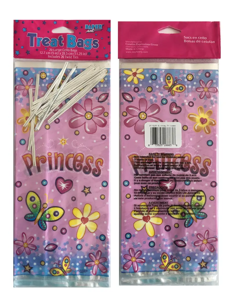 Pink Princess Cellophane Treat Bags With Drawstring Closures (20-Pack, 5" X 11.25") 1