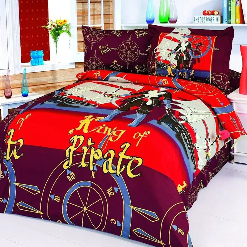 Pirate Ship & Captain Themed Duvet Cover Set – 4-Piece Red, Brown & Blue Cotton Ensemble For Twin Beds 1