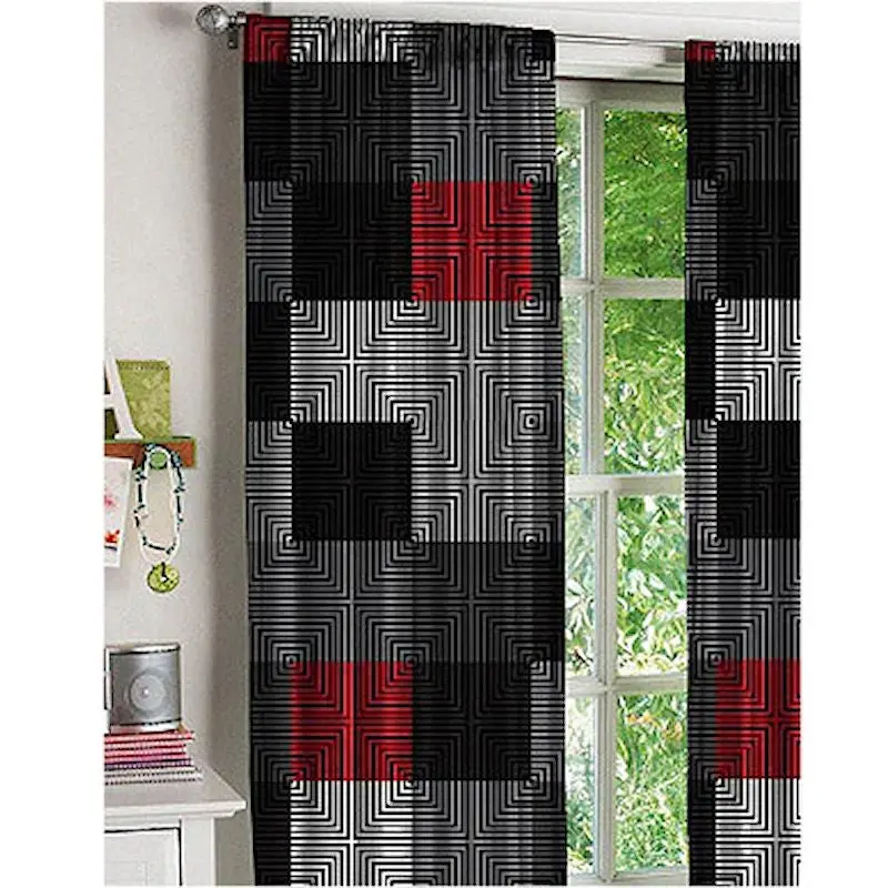 Red Black Grey Pixel Geometric Shower Curtain Set – Modern Masculine Latitude Pattern For Bathroom Or Windows 1