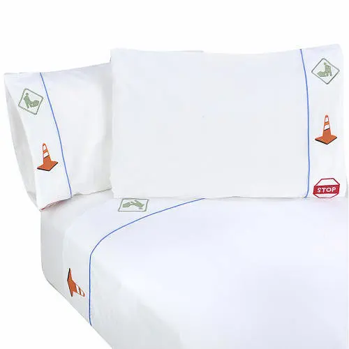 Road Construction Embroidered Sheet Set – White Linen Twin Bedding For Boys 1