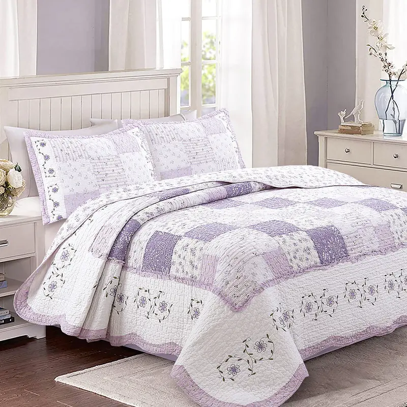 Romantic Lavender & Floral Patchwork Quilt Set – Twin To King Cotton Reversible 1