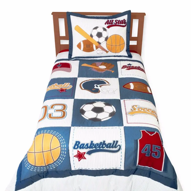 Sports-Themed Twin Comforter Set – Blue And White Patchwork Design With Basketball, Soccer, Football & Baseball Motifs 1