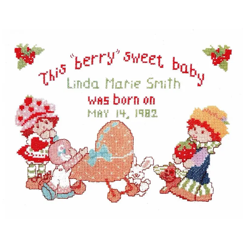 Strawberry Shortcake 'Berry Sweet Baby' Birth Announcement Cross Stitch Kit — 14" X 11" Keepsake (1981) 1