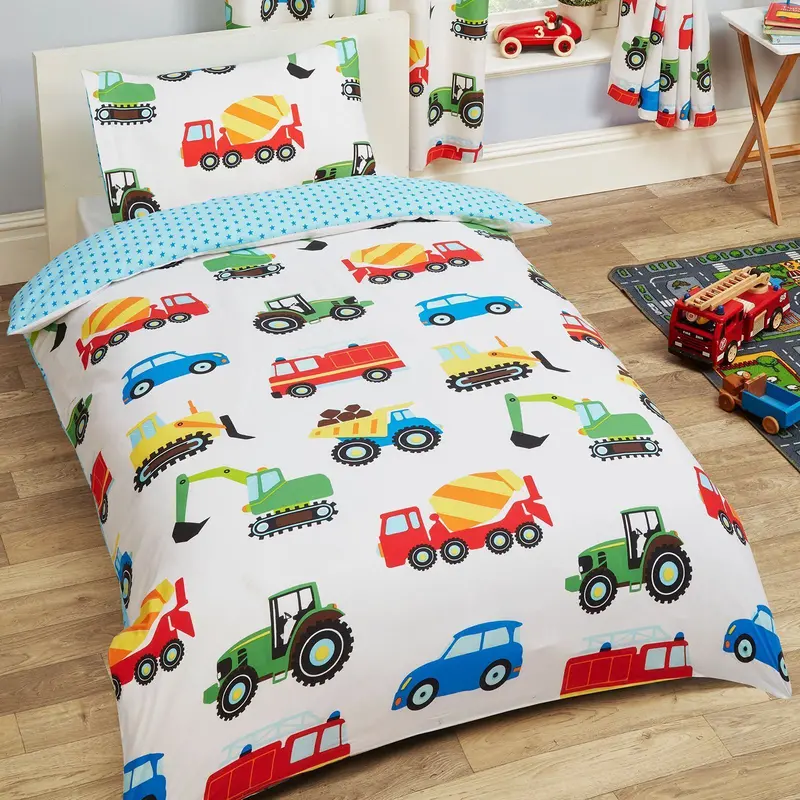 Transportation-Themed Kids Bedding – Cars, Trucks & Construction Vehicles Duvet Or Curtain Set 1