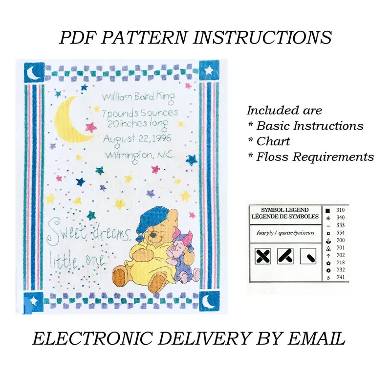 Vintage Winnie The Pooh & Piglet Cross Stitch Pattern: 'Sweet Dreams Little One' Baby Birth Announcement Sampler (11" X 14") 1