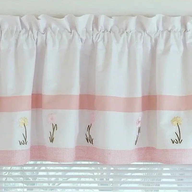 White & Pastel Pink Gingham Valance With Meadow Embroidery – Lined 18 X 70 Inch Window Treatment 1