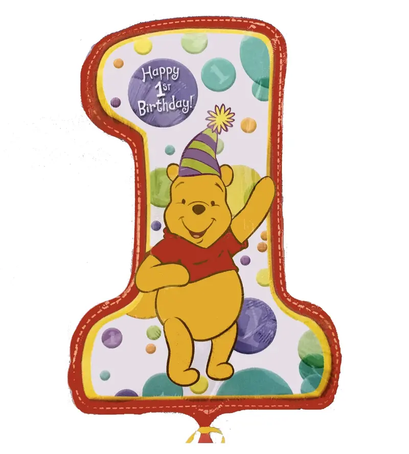 Winnie The Pooh First Birthday Balloon – 28" Number One Shape, Gender-Neutral Design 1