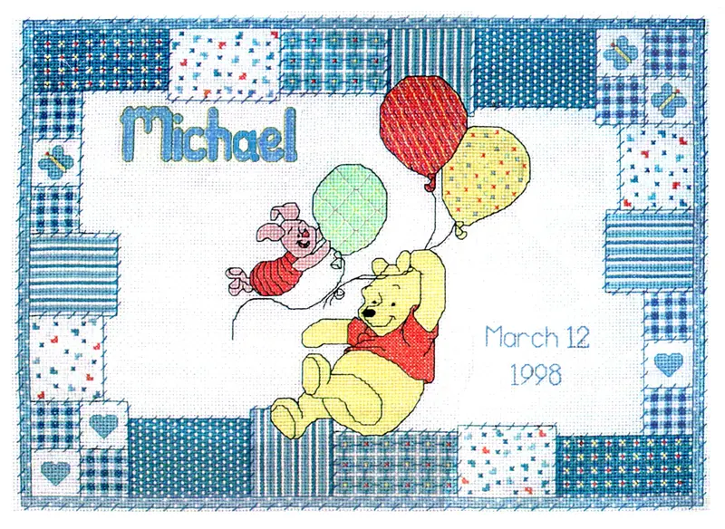 Winnie The Pooh 'Flying Up, Up And Away' Balloon Cross Stitch Sampler — Birth Announcement Kit Or Pdf 1
