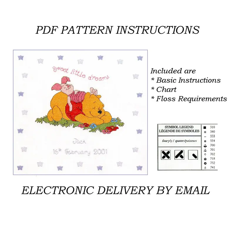 Winnie The Pooh & Piglet 'Sweet Little Dreams' Cross Stitch Pattern – Baby Birth Announcement Sampler 1