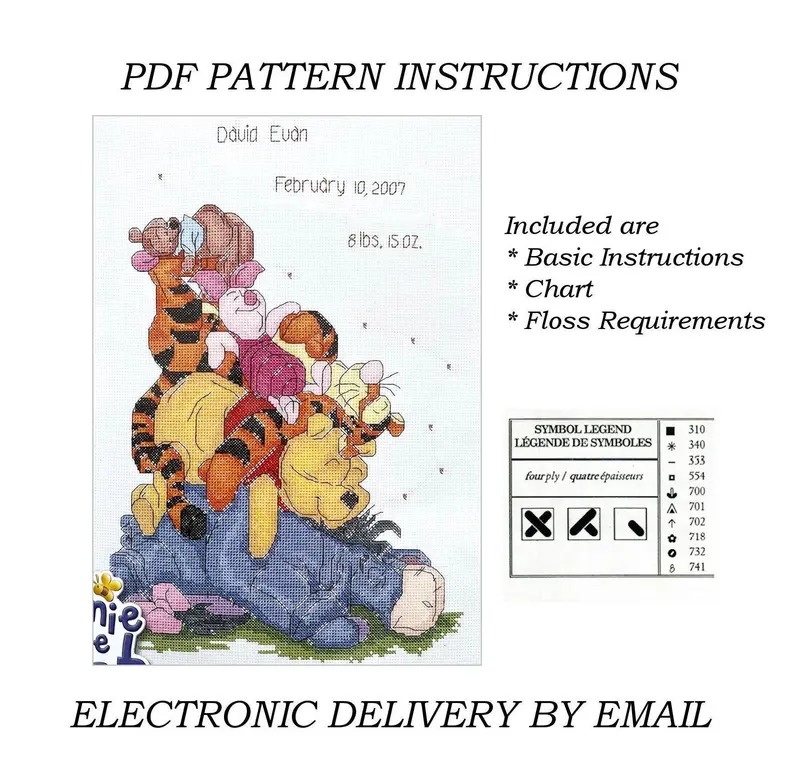 Winnie The Pooh Snoozy Day Birth Announcement Cross Stitch Pattern – Sleeping Animal Keepsake Sampler (10" X 16") 1