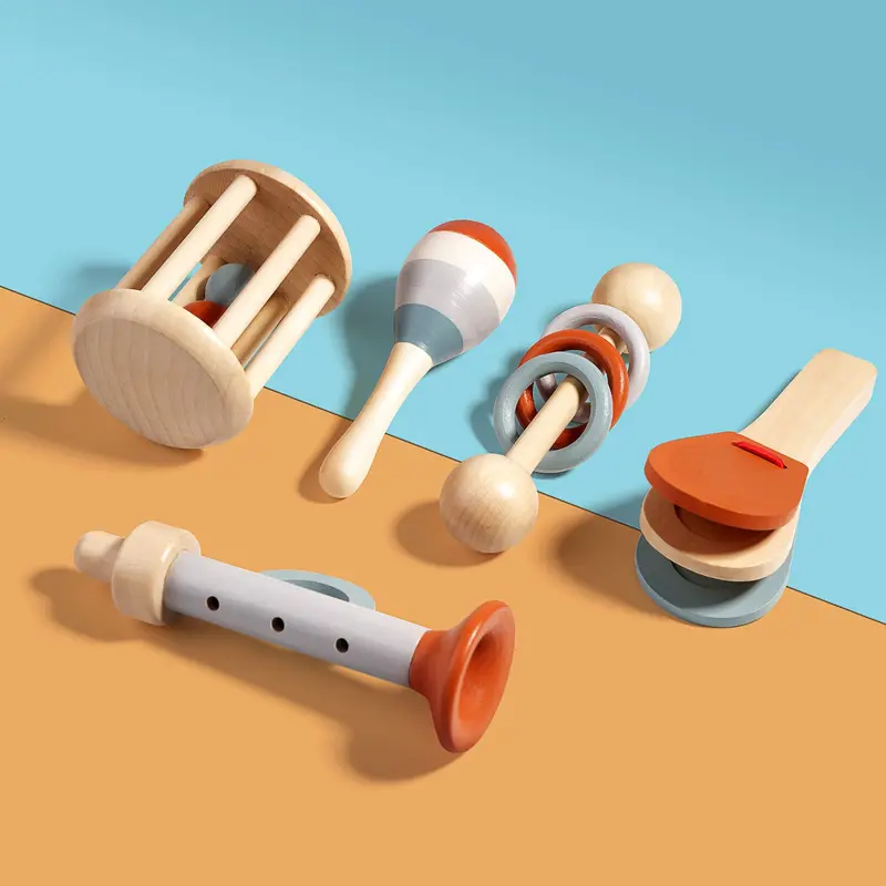 Wooden Orff Instrument Set For Early Childhood – Rattle, Maraca, Bell, Trumpet & Bed Bell 1